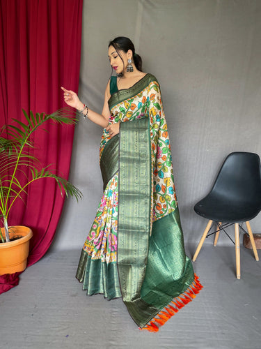 Kalamkari Gala Printed Woven Saree Off-White Green Clothsvilla