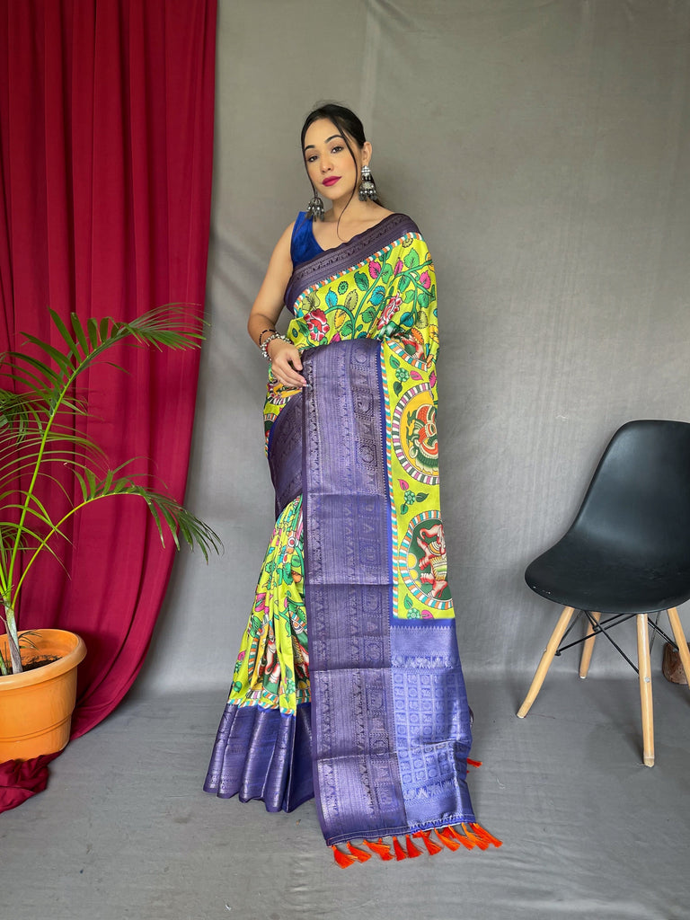 Kalamkari Gala Printed Woven Saree Greenish Yellow with Blue Clothsvilla