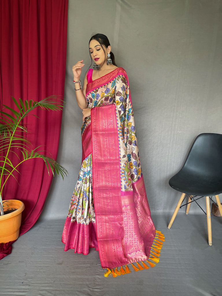 Kalamkari Gala Printed Woven Saree Off-White Pink Clothsvilla