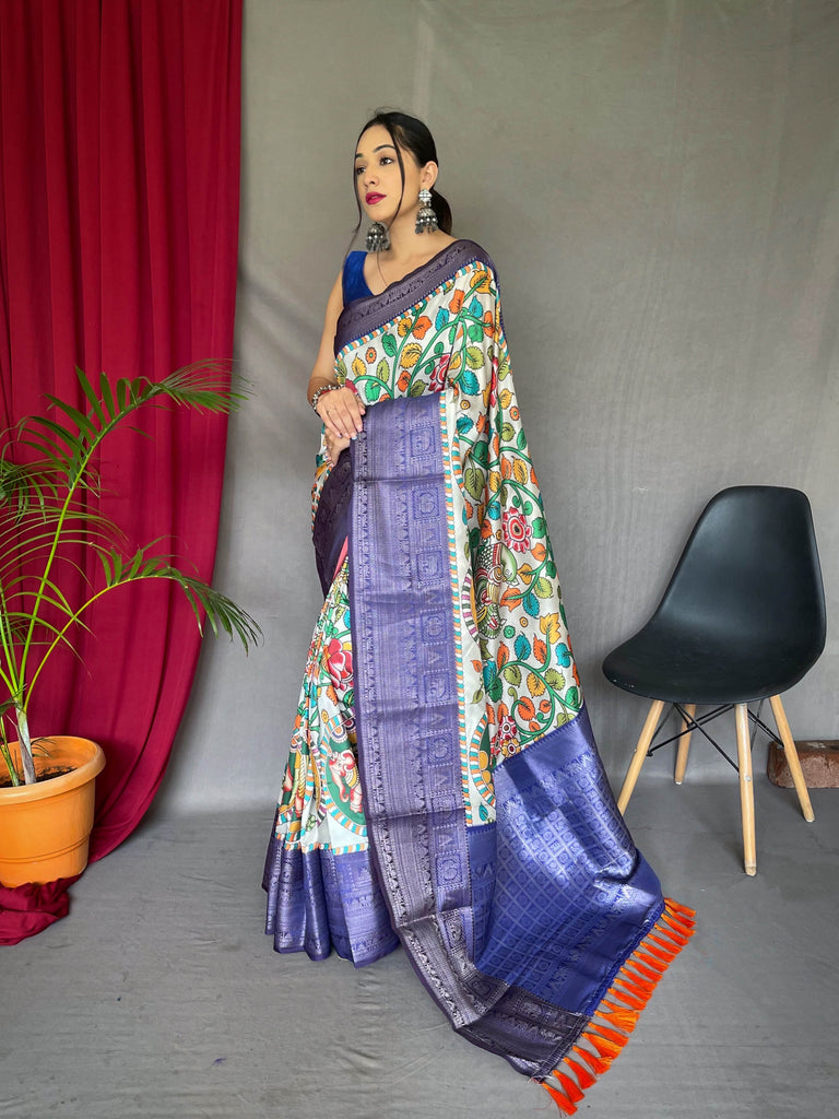 Kalamkari Gala Printed Woven Saree White Blue Clothsvilla