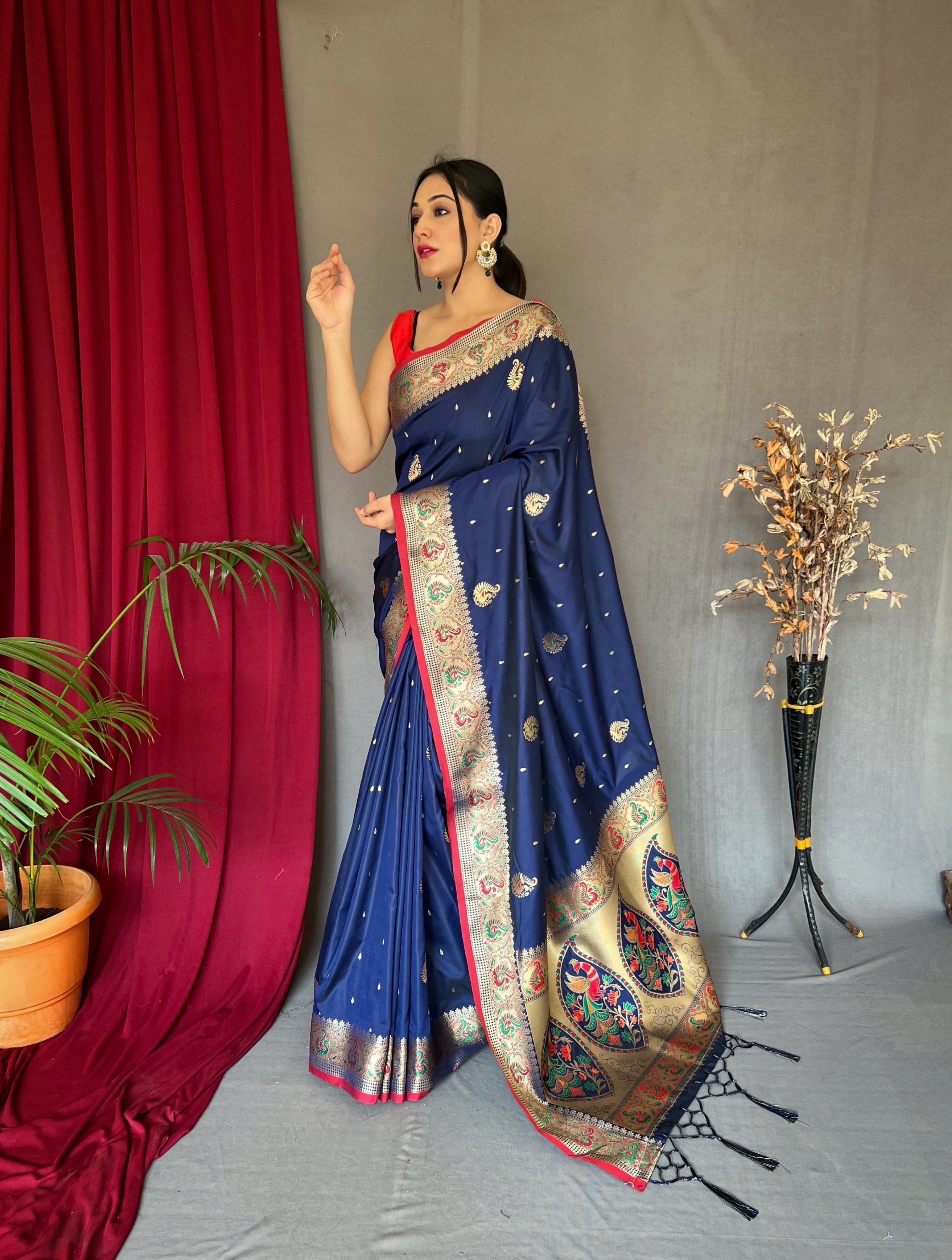 Paithani Silk Meenakari Peacock Zari Woven Saree Navy Blue Clothsvilla