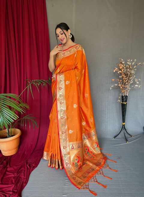 Paithani Silk Meenakari Peacock Zari Woven Saree Mustard Clothsvilla Main image
