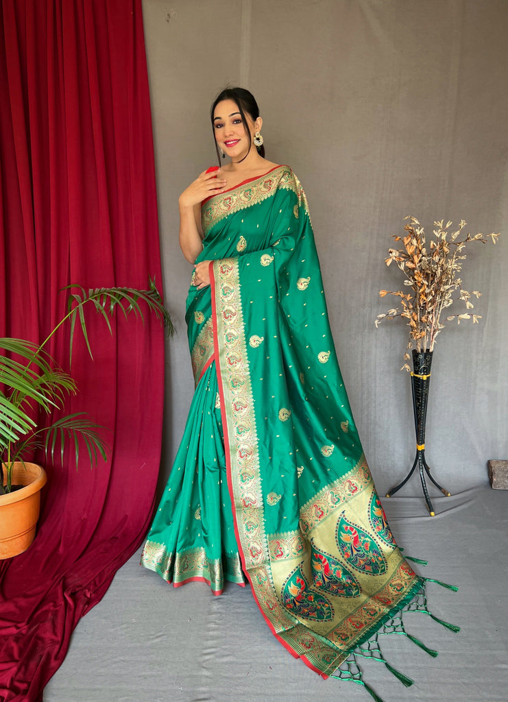 Paithani Silk Meenakari Peacock Zari Woven Saree Surfie Green Clothsvilla