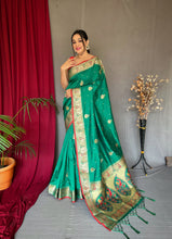 Load image into Gallery viewer, Paithani Silk Meenakari Peacock Zari Woven Saree Surfie Green Clothsvilla