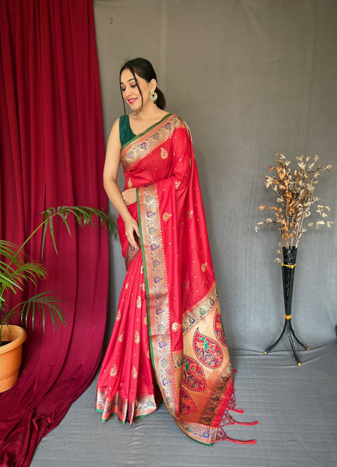 Paithani Silk Meenakari Peacock Zari Woven Saree Red Clothsvilla Main image