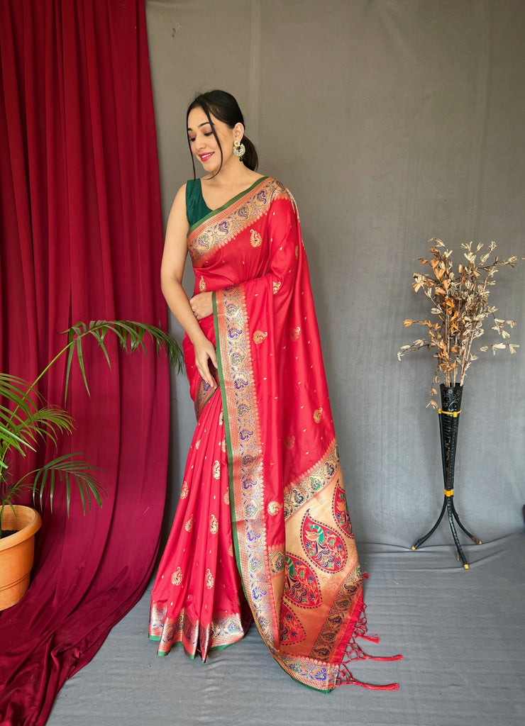 Paithani Silk Meenakari Peacock Zari Woven Saree Red Clothsvilla