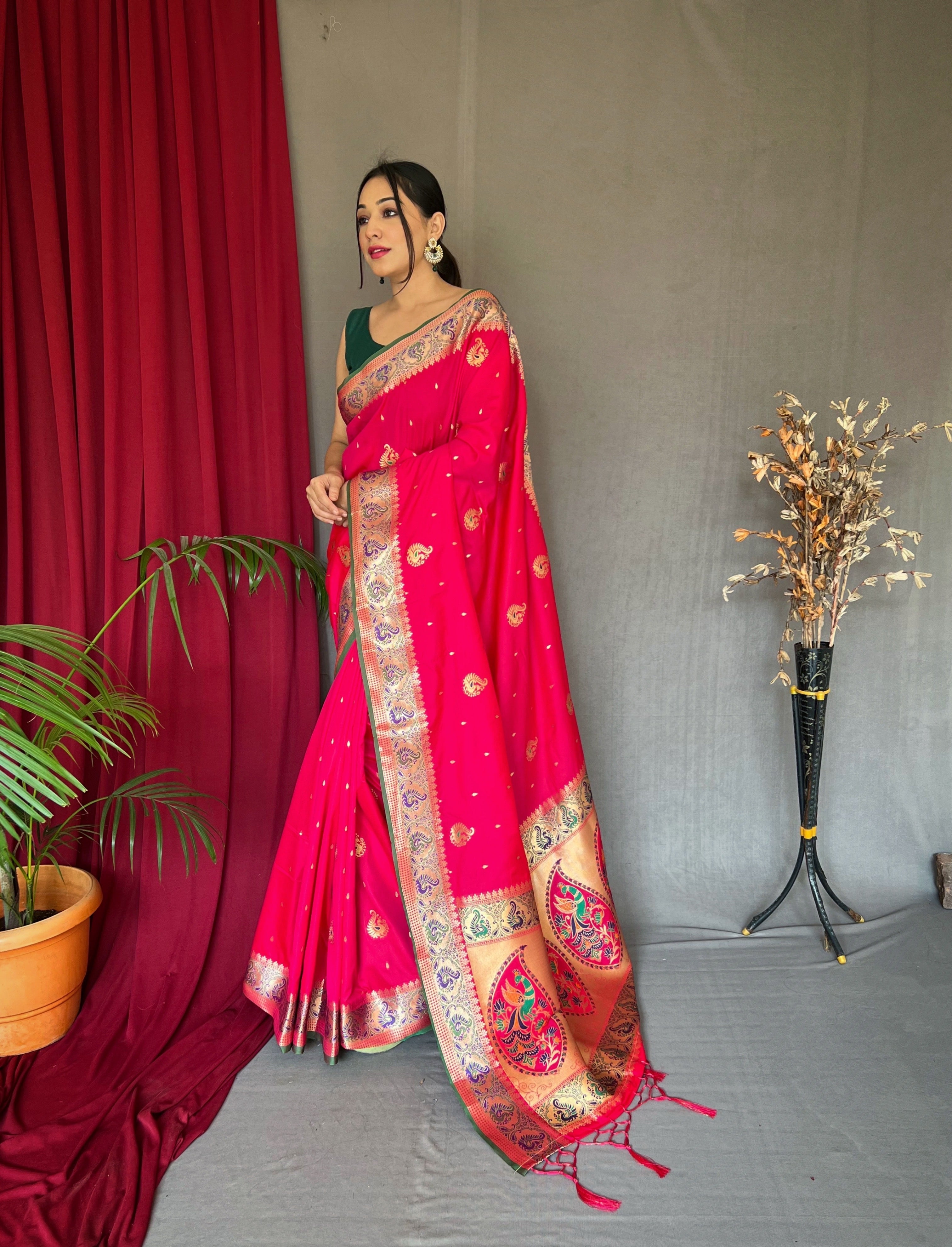 Paithani Silk Meenakari Peacock Zari Woven Saree Hot Pink Clothsvilla