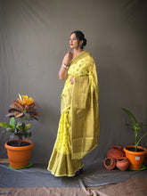 Load image into Gallery viewer, Linen Copper Woven Saree Yellow Clothsvilla