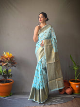 Load image into Gallery viewer, Linen Copper Woven Saree Sky Blue Clothsvilla