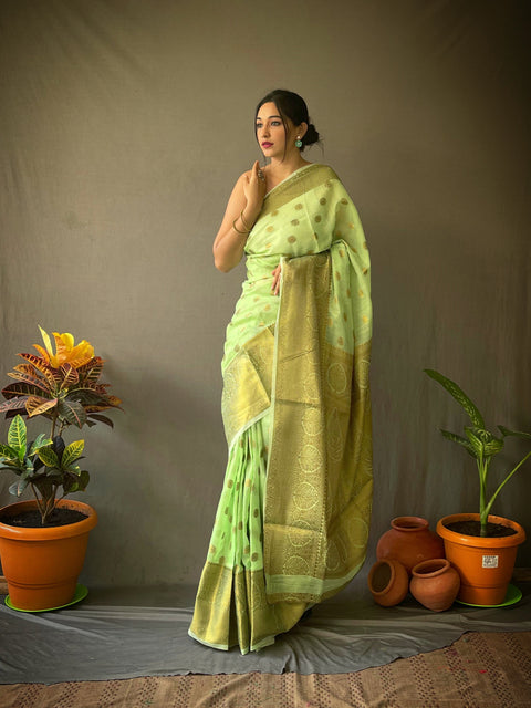 Linen Copper Woven Saree Pista Green Clothsvilla Main image