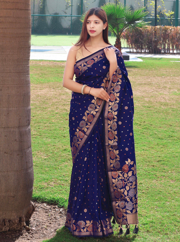 Suhani Soft Silk Saree with Floral Woven Border and Pallu Navy Blue Clothsvilla