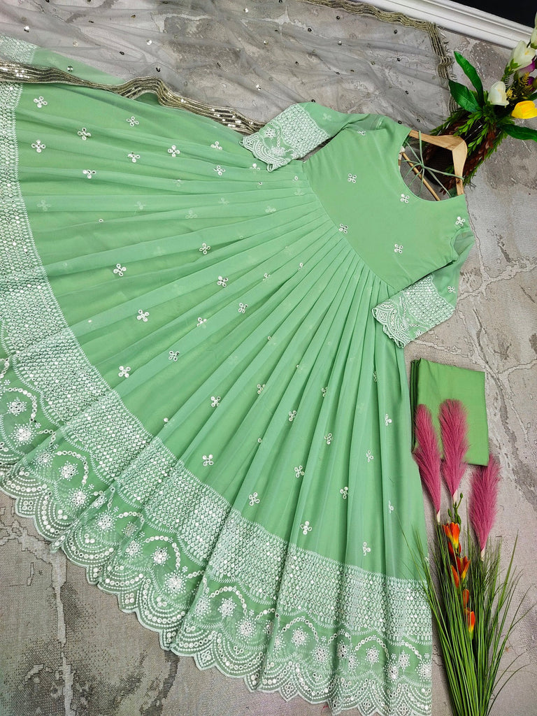 Marvelous Pista Color Embroidery Thread Work Gown Clothsvilla