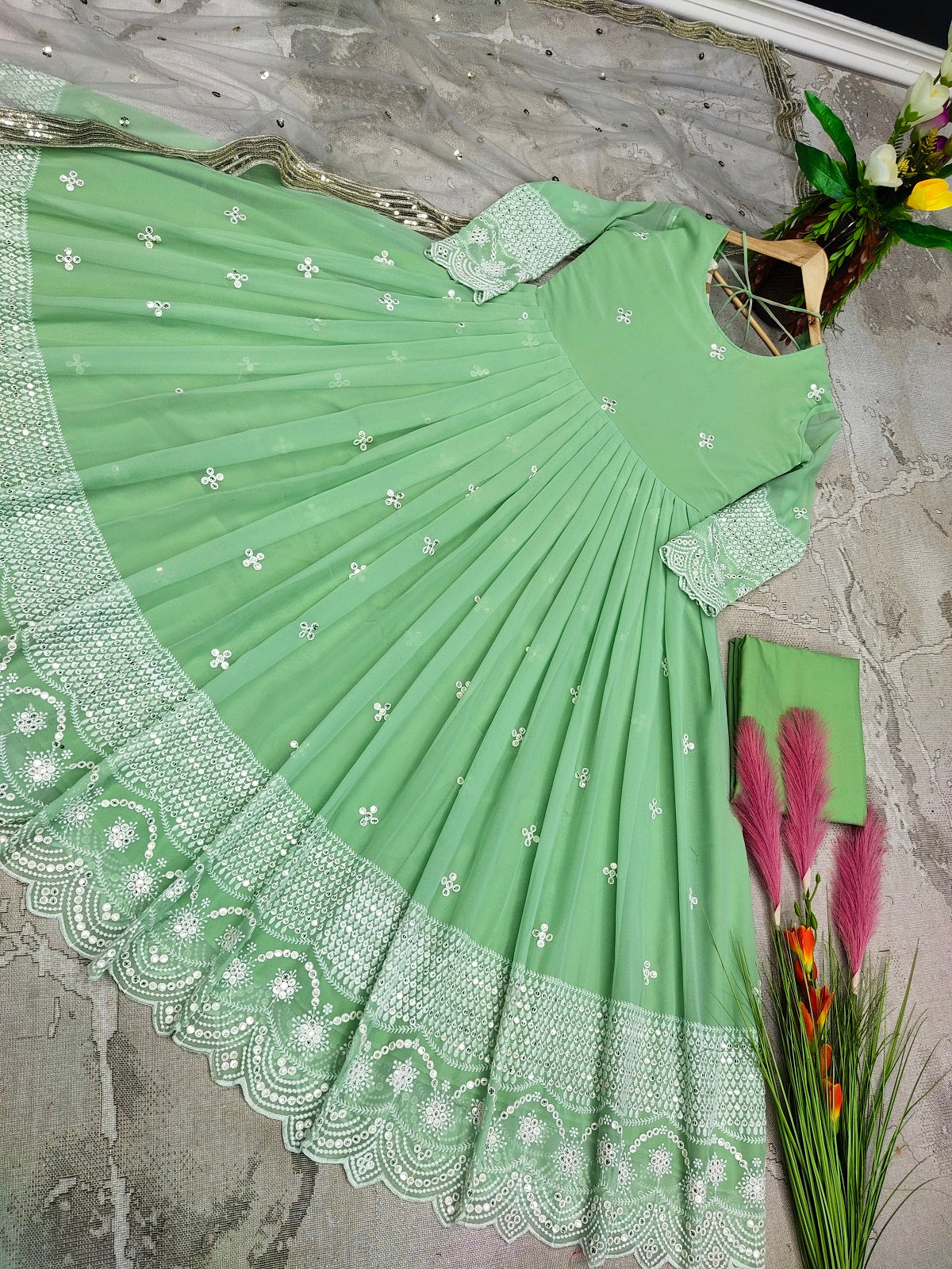 Buy Pista Green Taffeta Gown Festive Wear Online at Best Price | Cbazaar
