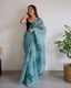 Organza Hand Painted Floral Saree Slate Blue Clothsvilla