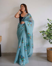 Load image into Gallery viewer, Organza Hand Painted Floral Saree Slate Blue Clothsvilla