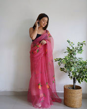 Load image into Gallery viewer, Organza Hand Painted Floral Saree Raspberry Rose Clothsvilla
