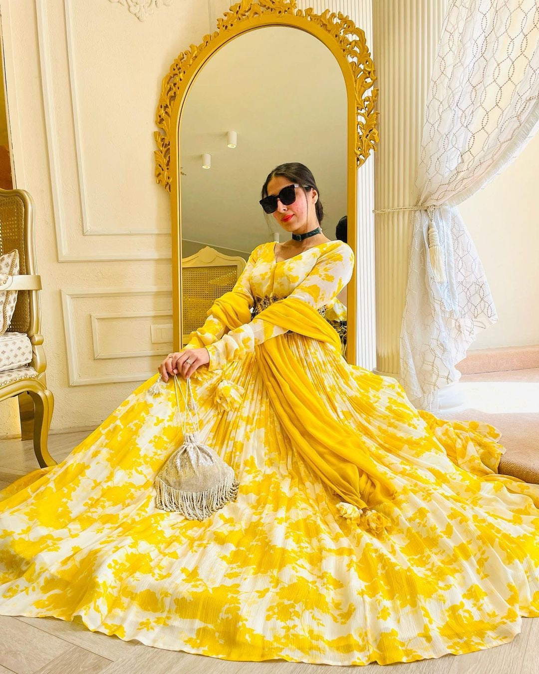 Digital Printed Yellow Color Georgette Gown With Belt Clothsvilla