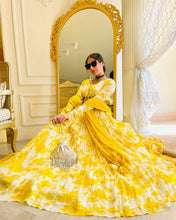 Load image into Gallery viewer, Digital Printed Yellow Color Georgette Gown With Belt Clothsvilla