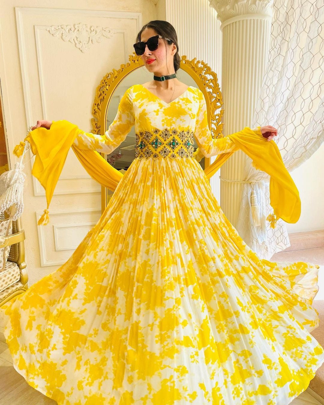 Digital Printed Yellow Color Georgette Gown With Belt Clothsvilla