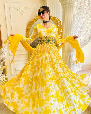 Digital Printed Yellow Color Georgette Gown With Belt Clothsvilla