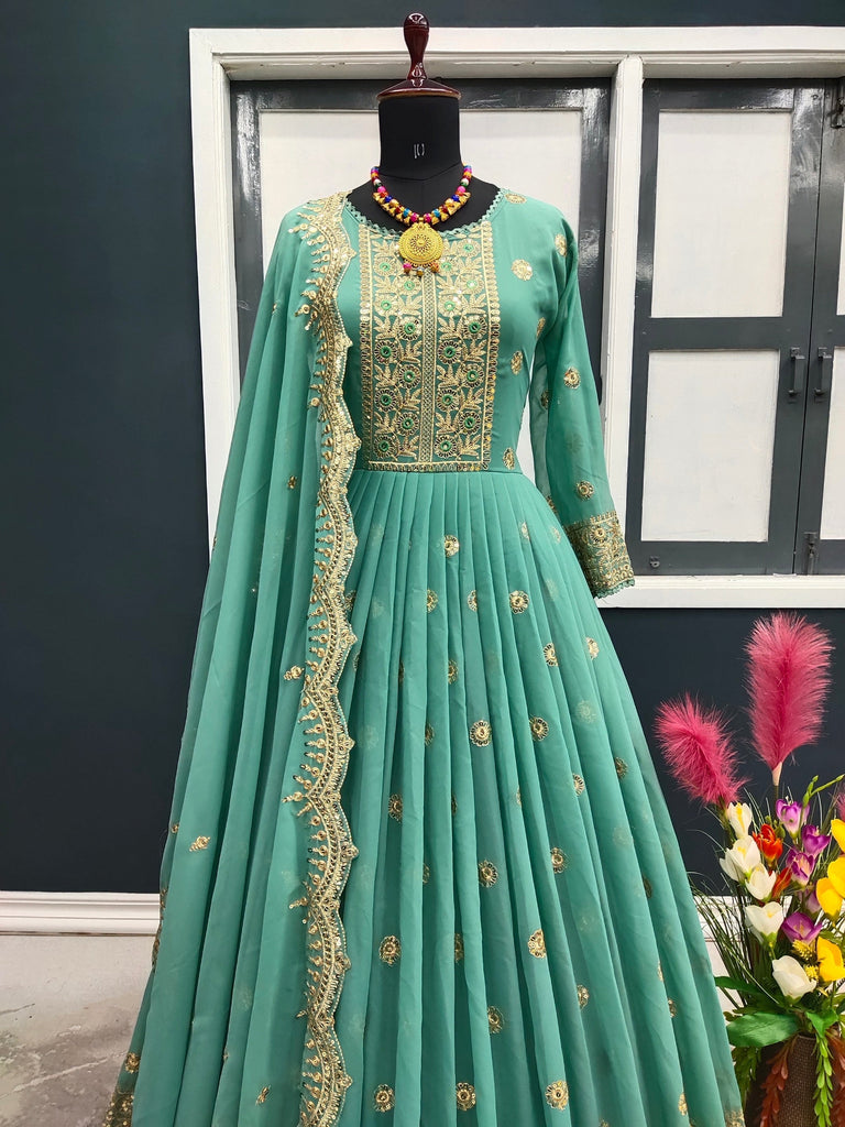 Designer Pista Green Color Embroidery Work Gown Clothsvilla