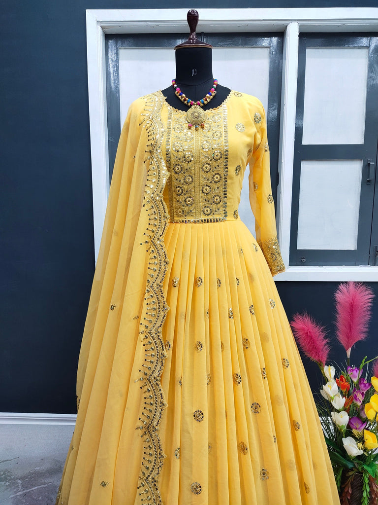 Designer Yelllow Color Embroidery Work Gown Clothsvilla