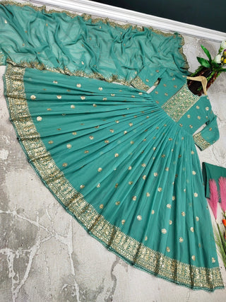 Designer Pista Green Color Embroidery Work Gown Clothsvilla