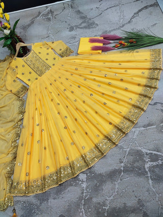 Designer Yelllow Color Embroidery Work Gown Clothsvilla