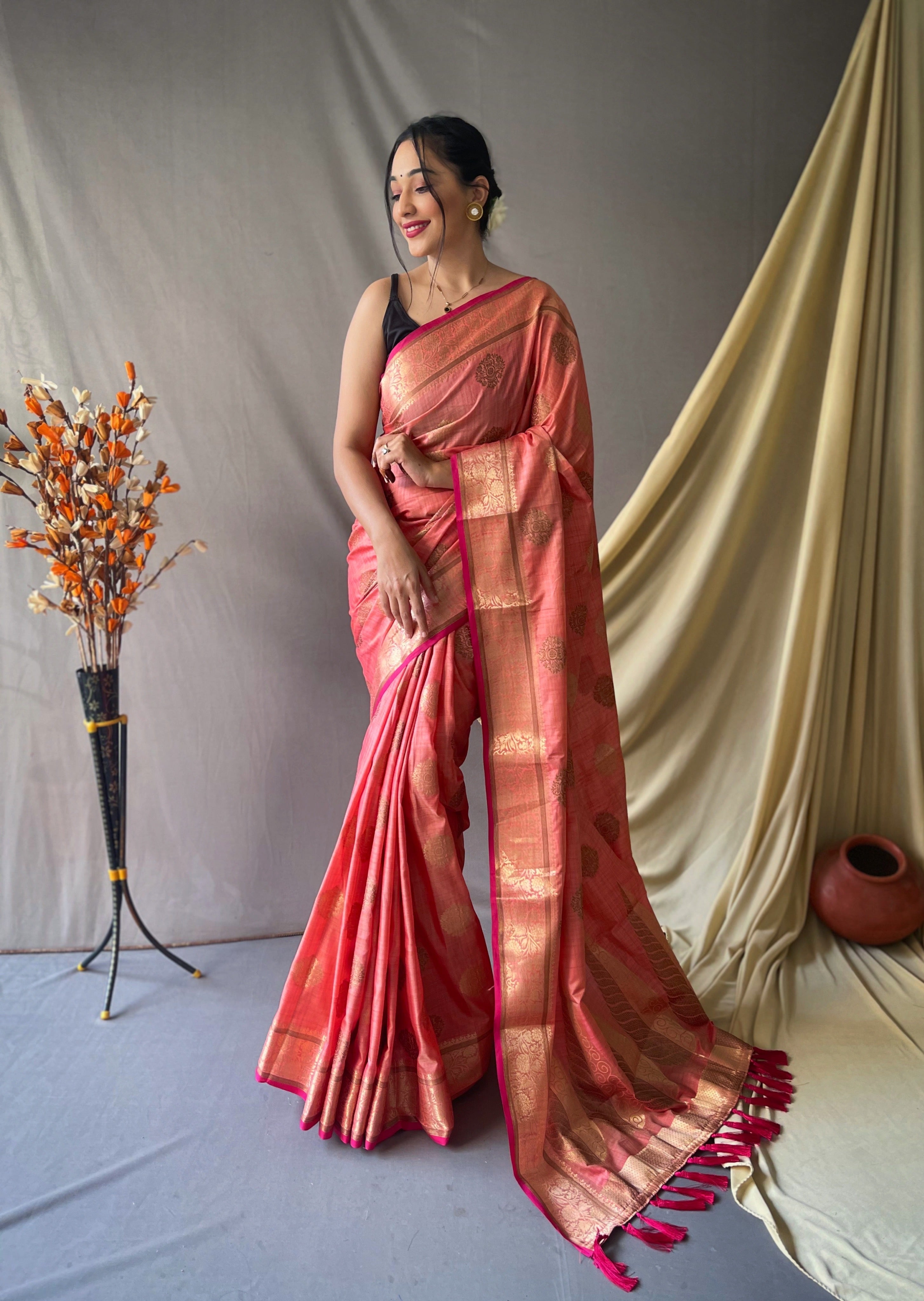 Kasturi Cotton Woven Saree Salmon Pink Clothsvilla