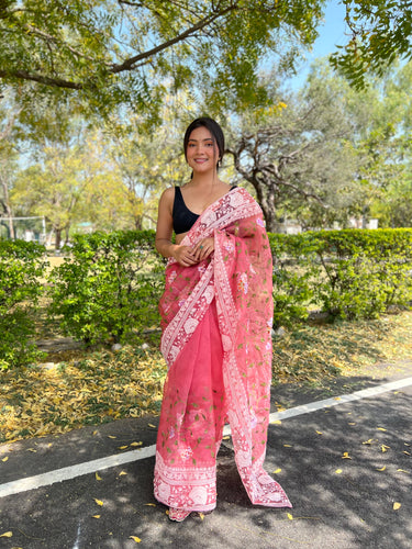 Pure Soft Organza Chikankari Viscose Thread Work Saree Pink Clothsvilla