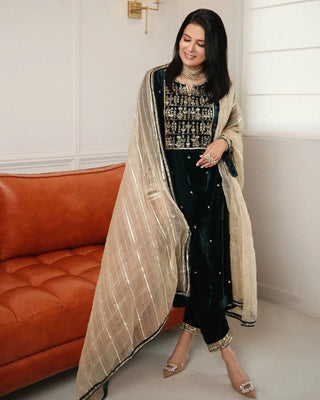Dark Green Color Wedding Wear Velvet Salwar Suit Clothsvilla