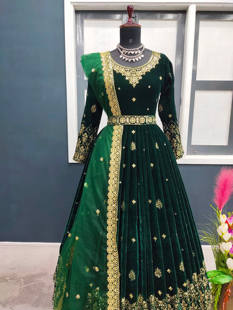 Adorable Green Color Sequence Work Velvet Gown Clothsvilla Main image