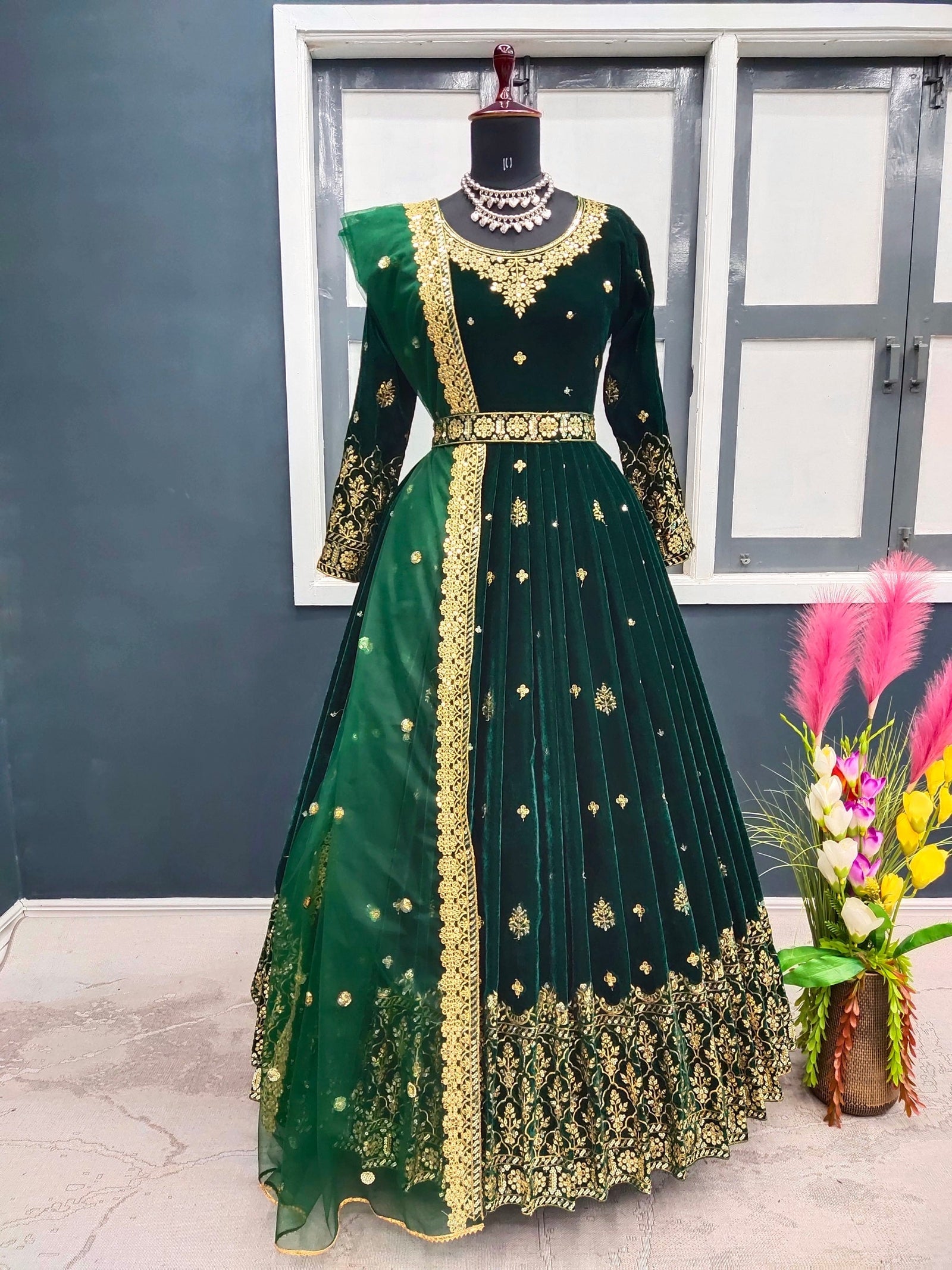Adorable Green Color Sequence Work Velvet Gown Clothsvilla