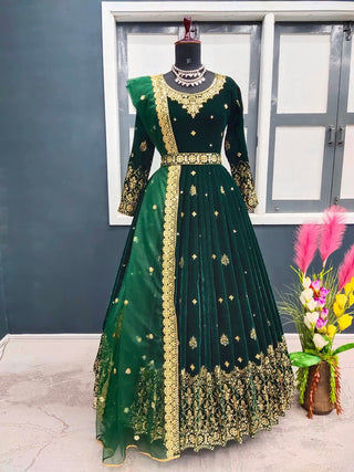Adorable Green Color Sequence Work Velvet Gown Clothsvilla