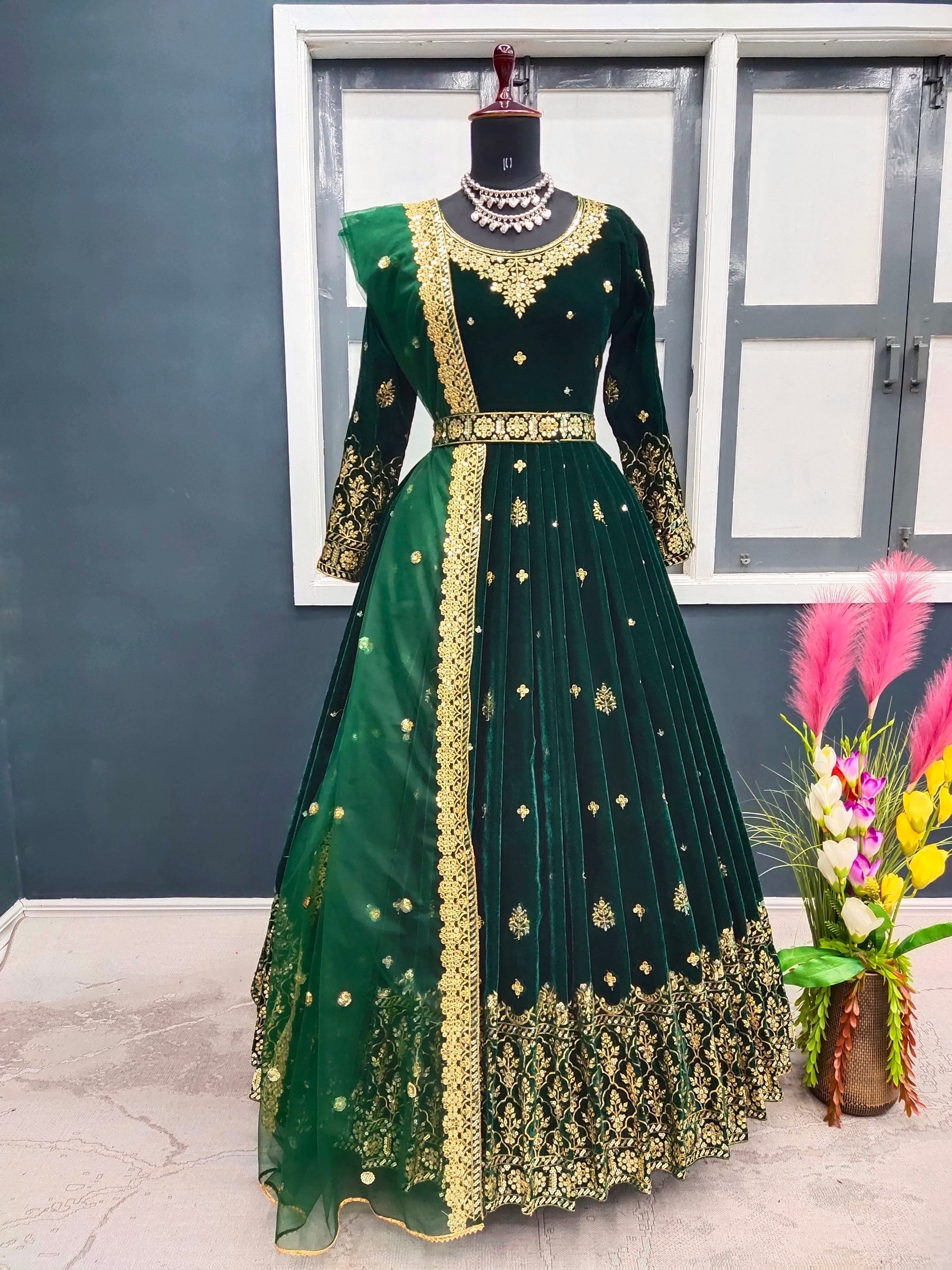 Adorable Green Color Sequence Work Velvet Gown Clothsvilla