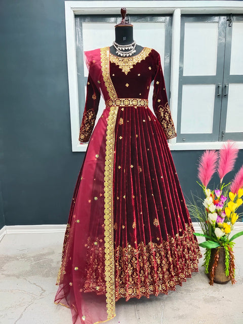 Adorable Red Color Sequence Work Velvet Gown Clothsvilla Main image