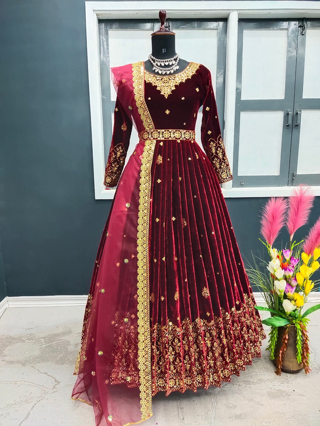 Adorable Red Color Sequence Work Velvet Gown Clothsvilla