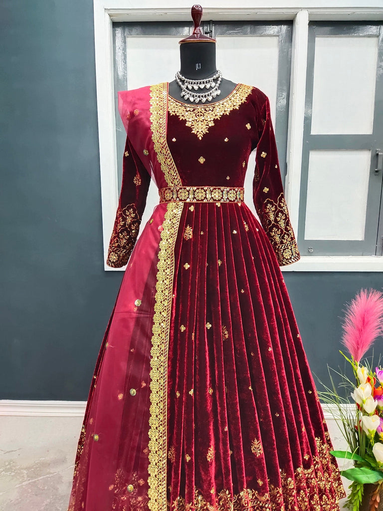 Adorable Red Color Sequence Work Velvet Gown Clothsvilla