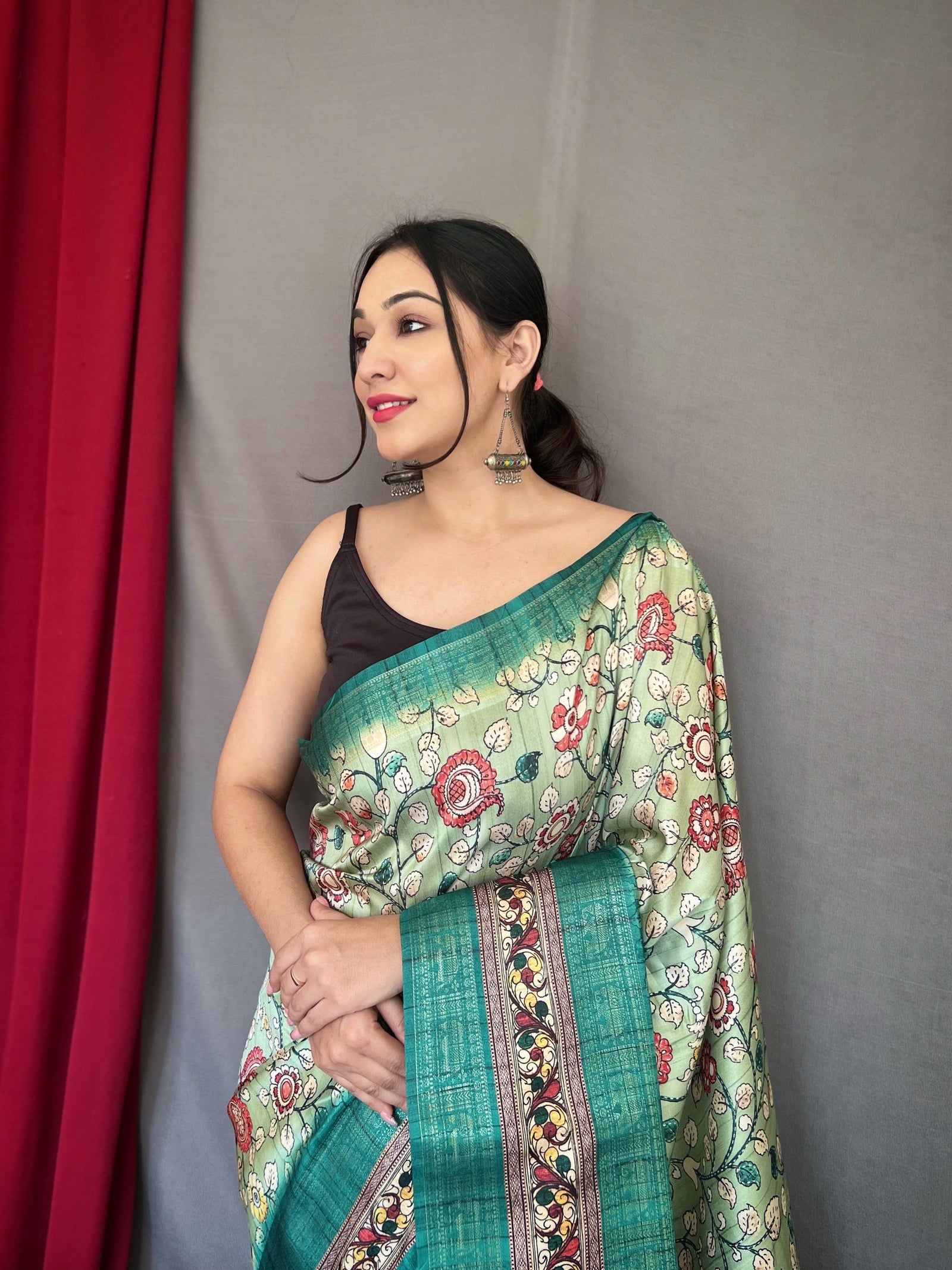 Green Mist Saree in Banarasi Silk Contrast Woven with Kalamkari Prints Clothsvilla