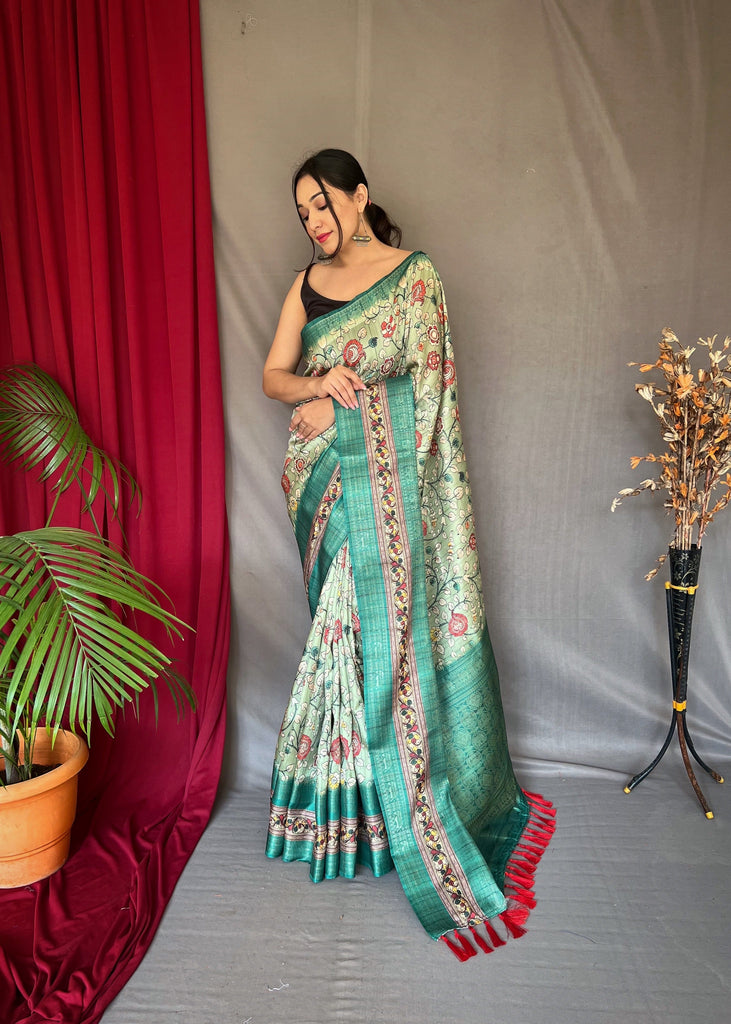 Green Mist Saree in Banarasi Silk Contrast Woven with Kalamkari Prints Clothsvilla
