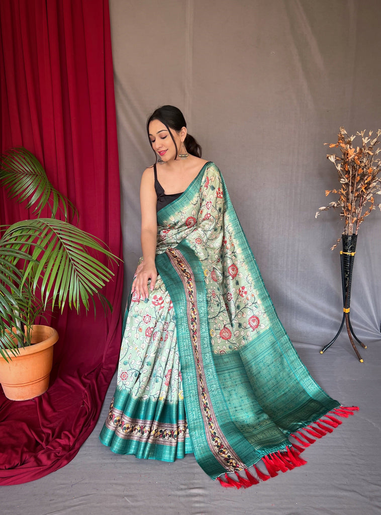 Green Mist Saree in Banarasi Silk Contrast Woven with Kalamkari Prints Clothsvilla