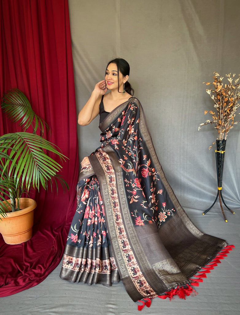 Charcoal Black Saree in Banarasi Silk Contrast Woven with Kalamkari Prints Clothsvilla
