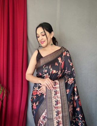Charcoal Black Saree in Banarasi Silk Contrast Woven with Kalamkari Prints Clothsvilla