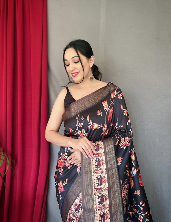 Charcoal Black Saree in Banarasi Silk Contrast Woven with Kalamkari Prints Clothsvilla