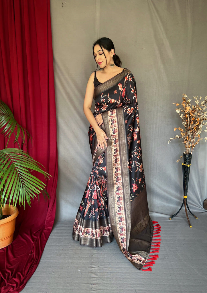 Charcoal Black Saree in Banarasi Silk Contrast Woven with Kalamkari Prints Clothsvilla
