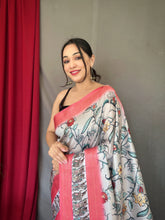 Load image into Gallery viewer, Silver Saree in Banarasi Silk Contrast Woven with Kalamkari Prints Clothsvilla