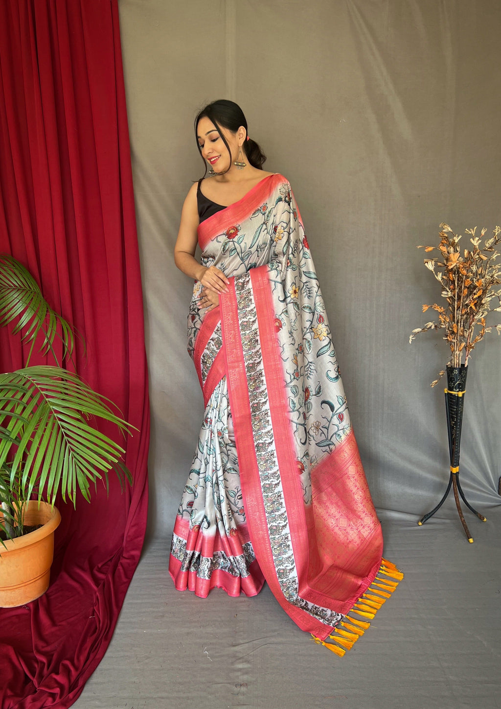 Silver Saree in Banarasi Silk Contrast Woven with Kalamkari Prints Clothsvilla