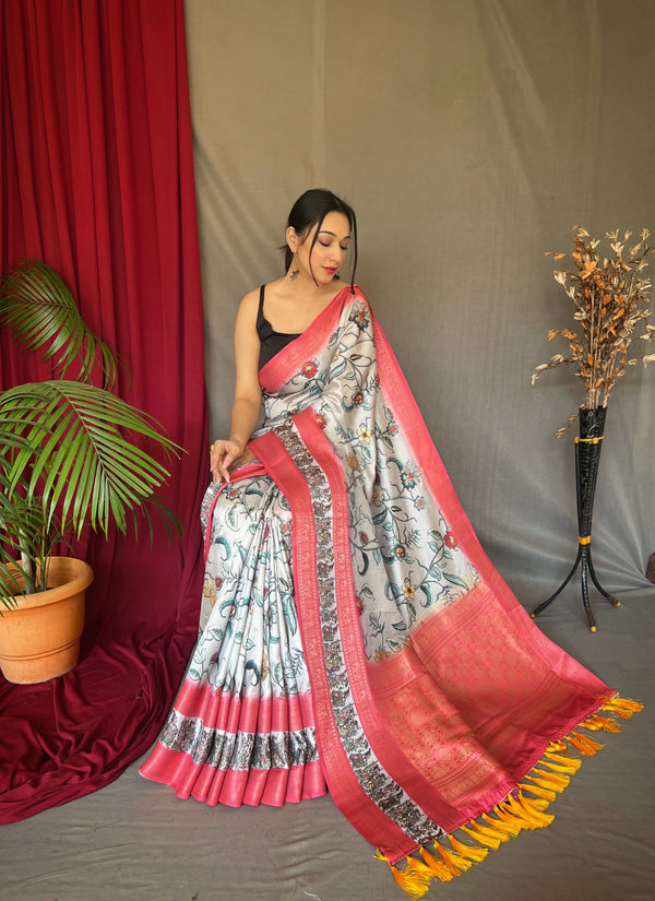 Silver Saree in Banarasi Silk Contrast Woven with Kalamkari Prints Clothsvilla