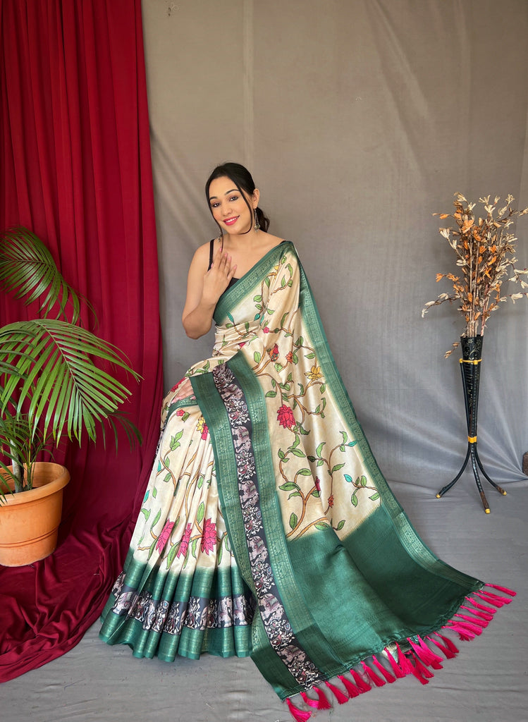 Ivory Saree in Banarasi Silk Contrast Woven with Kalamkari Prints Clothsvilla