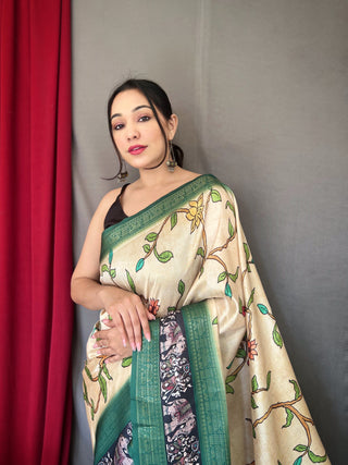 Ivory Saree in Banarasi Silk Contrast Woven with Kalamkari Prints Clothsvilla
